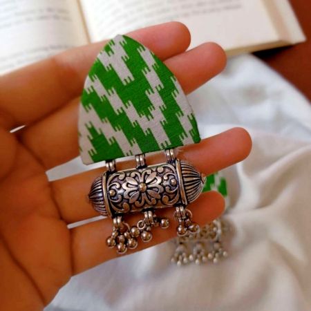 Light Green Printed Fabric Ghungroo Earrings